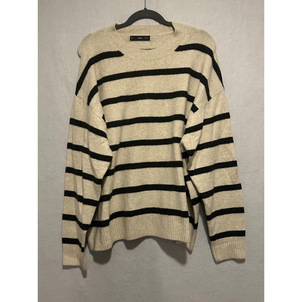 MNG Mango Striped Knit Sweater Beige Black Crew Neck Oversized XXL